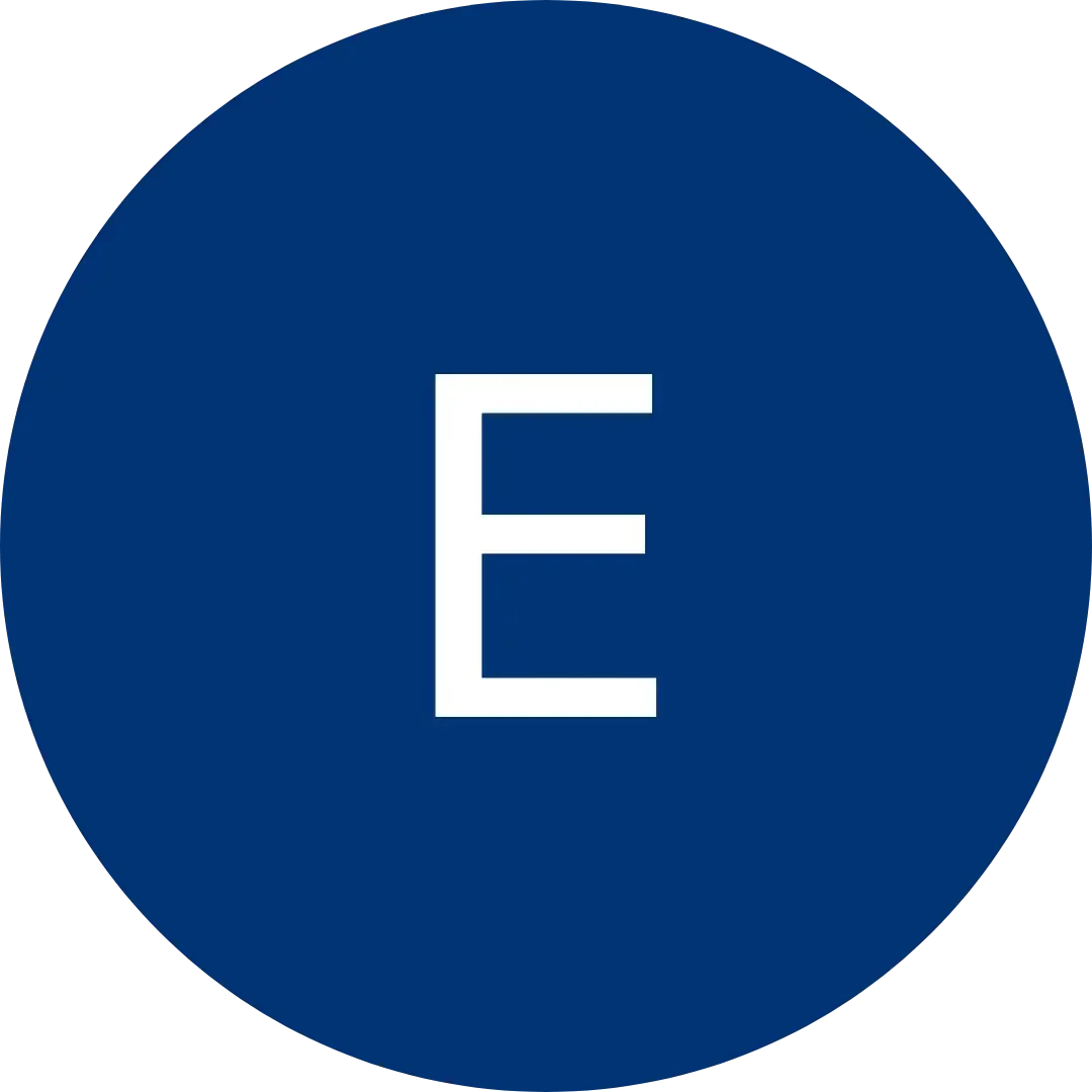 White letter E centered in a dark blue circular background.