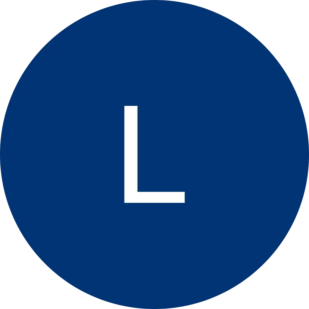White letter L centered within a dark blue circular icon.