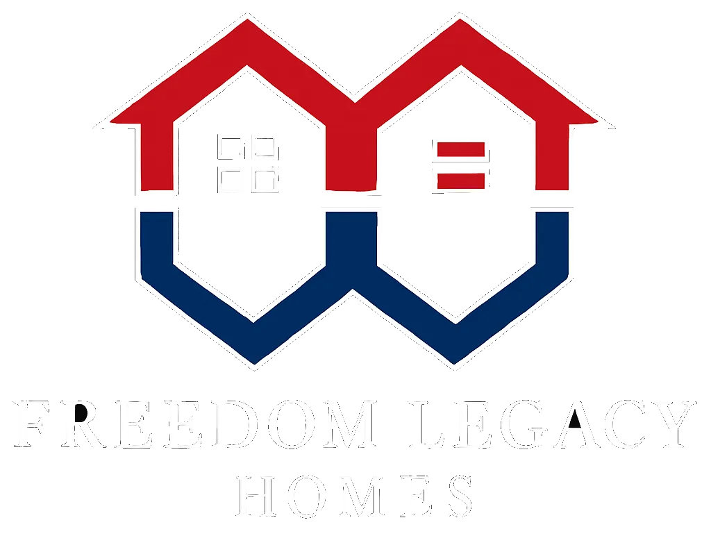 Freedom Legacy Homes logo with red and blue house icons on a white background.