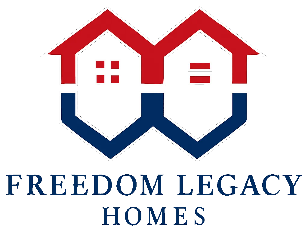 Freedom Legacy Homes logo featuring two connected house shapes in red and blue.