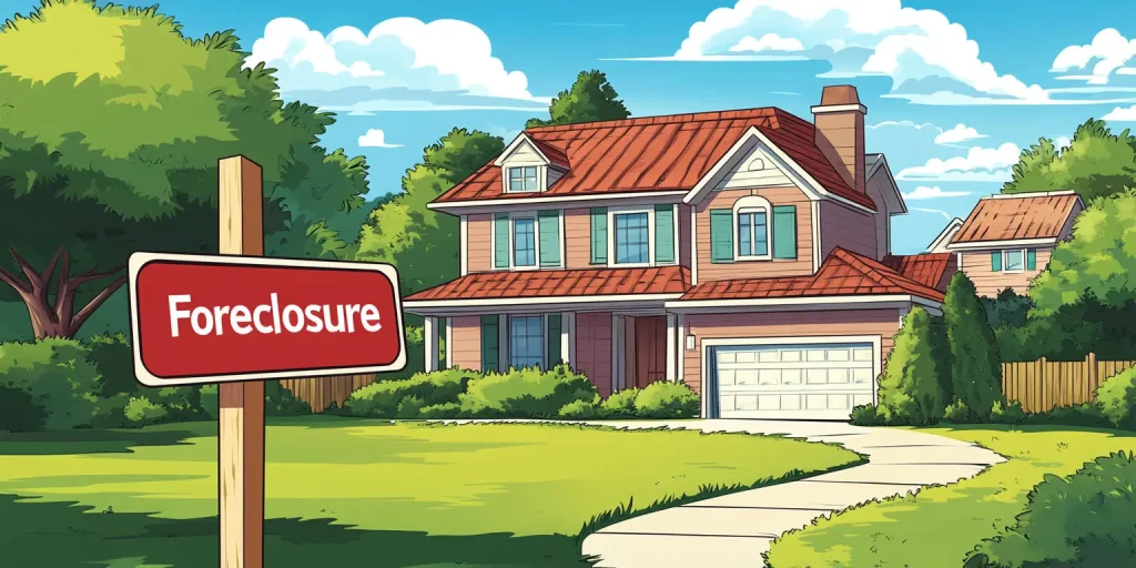 A suburban house with a red "Foreclosure" sign placed in the front yard.