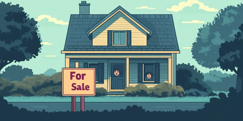 A suburban home listing with a blue for-sale sign under a clear sunny sky.