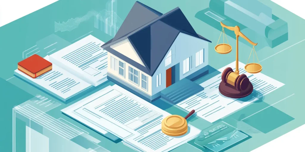 A conceptual graphic showing a house, clock, and legal documents on a desk.