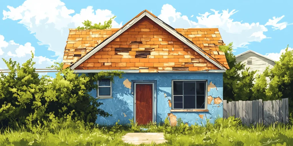 An old weathered cottage with a blue door and a cluttered, overgrown front yard.