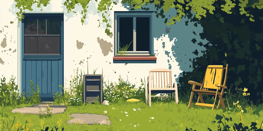 View of a house facade with a blue door and a neglected garden with a lawn chair.