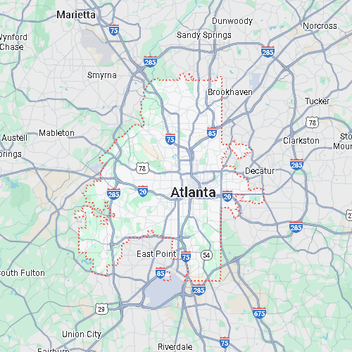 Map of Atlanta, Georgia, highlighted by a red dotted boundary including neighboring areas like Decatur, East Point, and Brookhaven.