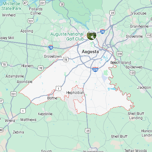 Map of Augusta, Georgia, highlighted by a red dotted boundary including the Augusta National Golf Club.