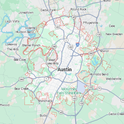 Map of Austin, Texas, highlighted by a red dotted boundary including McKinney Falls State Park.