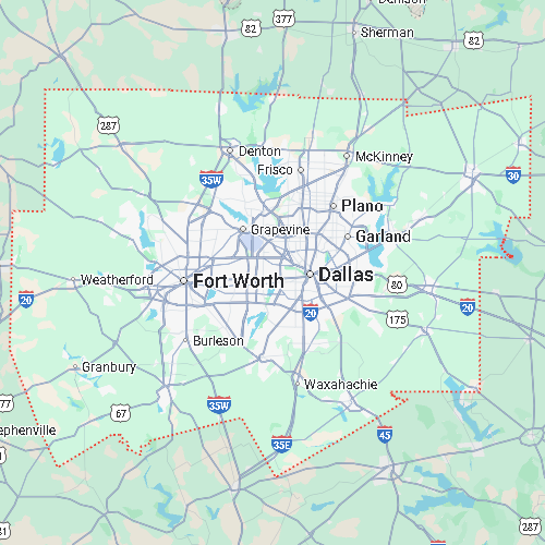 Regional map of the Dallas–Fort Worth metroplex, featuring major cities like Plano, Garland, and McKinney within a red dotted boundary.