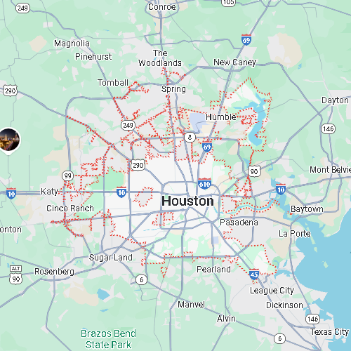 Map of Houston, Texas, highlighted by a red dotted boundary including neighboring cities like Sugar Land and The Woodlands.