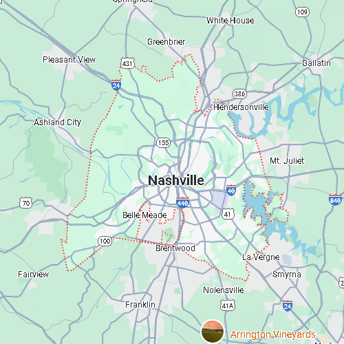 Map of Nashville, Tennessee, highlighted by a red dotted boundary including Belle Meade and Brentwood.