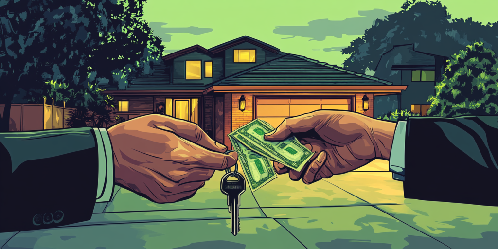 Illustration of a handshake over a house key in front of a modern home.
