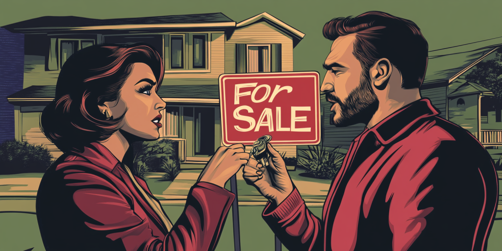 A couple arguing in front of their home with a red "For Sale" sign visible in the background.