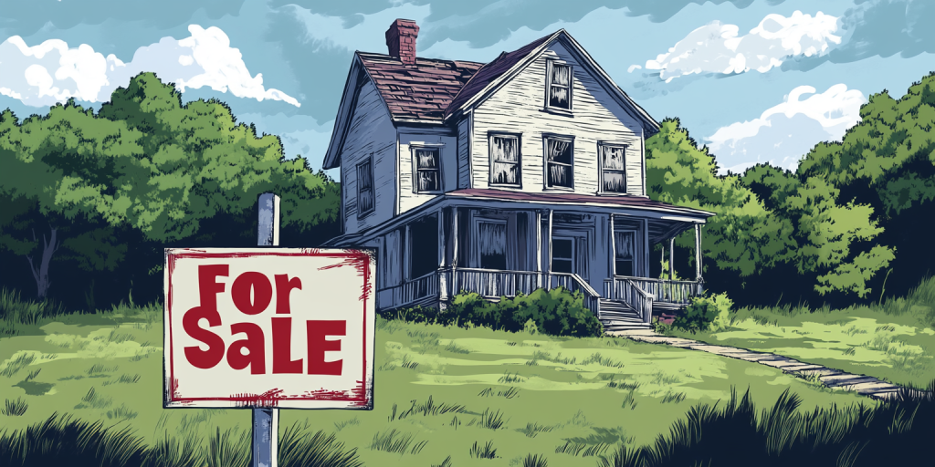 A neglected, weathered house with overgrown grass and a "For Sale" sign in the yard.