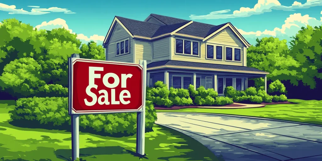 A family home with a red "For Sale" sign on a bright green manicured lawn.