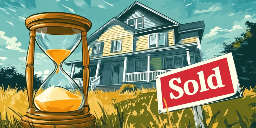 An hourglass next to a house with a red "SOLD" sign indicating a quick sale.