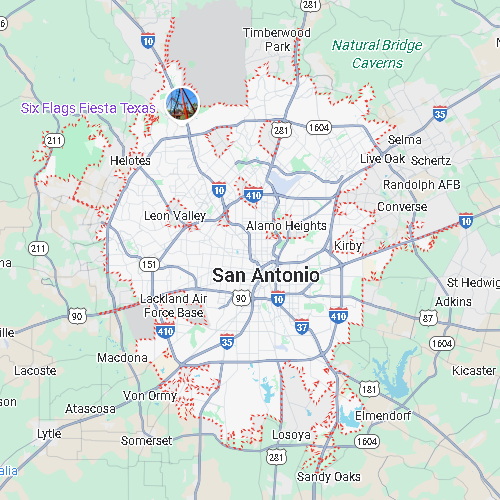 Map of San Antonio, Texas, highlighted by a red dotted boundary including Six Flags Fiesta Texas and Lackland Air Force Base.