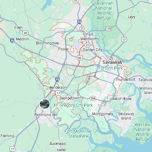 Map of Savannah, Georgia, highlighted by a red dotted boundary including Forsyth Park and J.F. Gregory City Park.