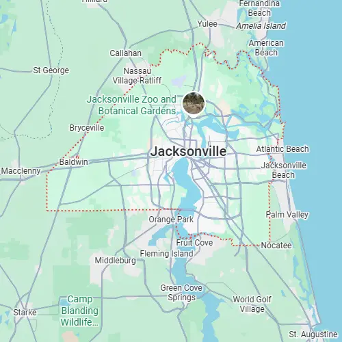 Map of Jacksonville, Florida, highlighted by a red dotted boundary including the Jacksonville Zoo and Botanical Gardens.