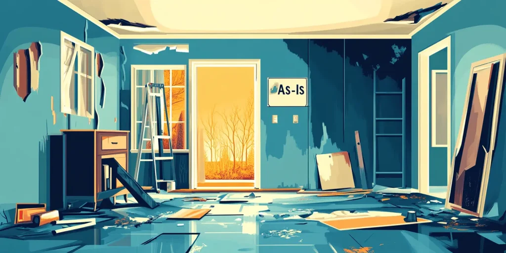 Interior view of a room with severe water damage on walls and ceiling.