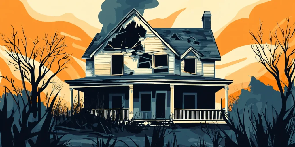 Exterior of a small, vacant, and weathered cottage-style home at twilight.