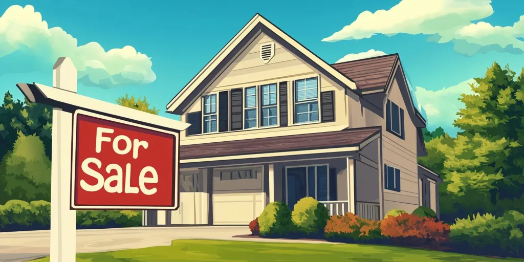 Bright suburban house listing with a red for-sale sign on a sunny day.