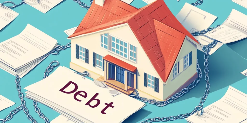 Small house model sitting on top of a "DEBT" block with legal contracts and chains.