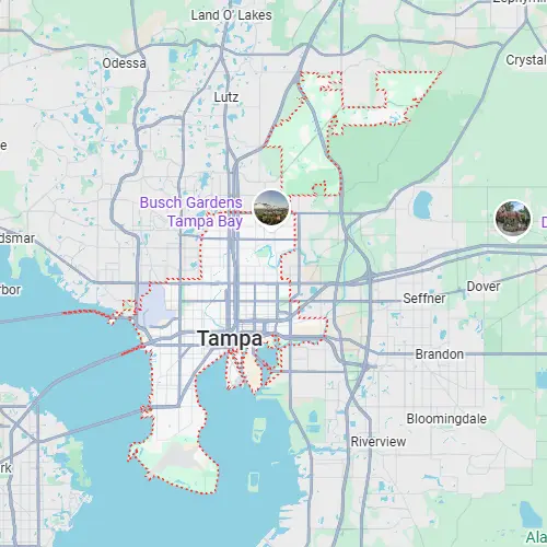 Map of Tampa, Florida, highlighted by a red dotted boundary including Busch Gardens.