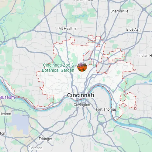 Map of Cincinnati, Ohio, highlighted by a red dotted boundary including the Cincinnati Zoo & Botanical Garden.
