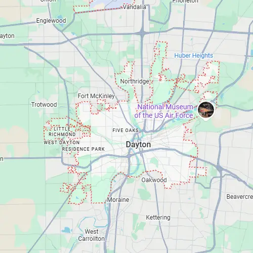Map of Dayton, Ohio, highlighted by a red dotted boundary including the National Museum of the US Air Force.
