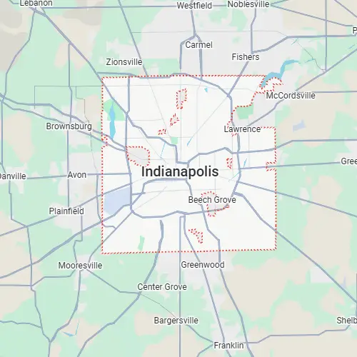 Map of Indianapolis, Indiana, highlighted by a red dotted boundary including neighboring areas like Carmel, Fishers, and Lawrence.