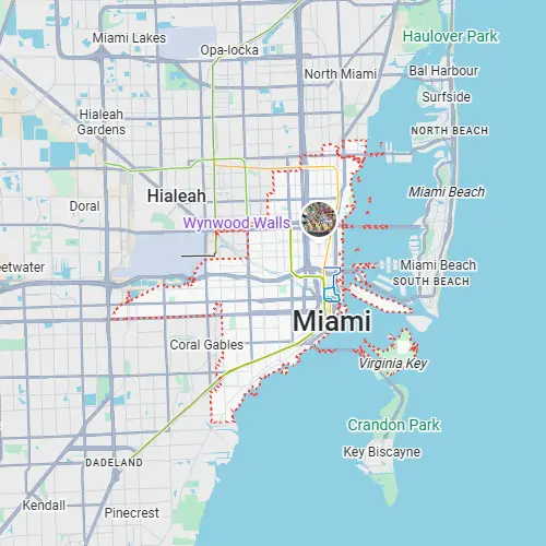 Map of Miami, Florida, highlighted by a red dotted boundary including Wynwood Walls.