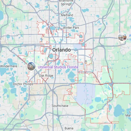 Map of Orlando, Florida, highlighted by a red dotted boundary including Universal Studios Florida.