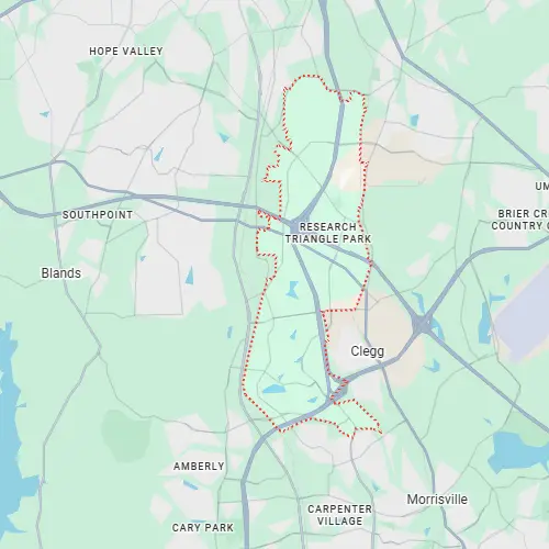 Map of Research Triangle Park, North Carolina, highlighted by a red dotted boundary near Morrisville.