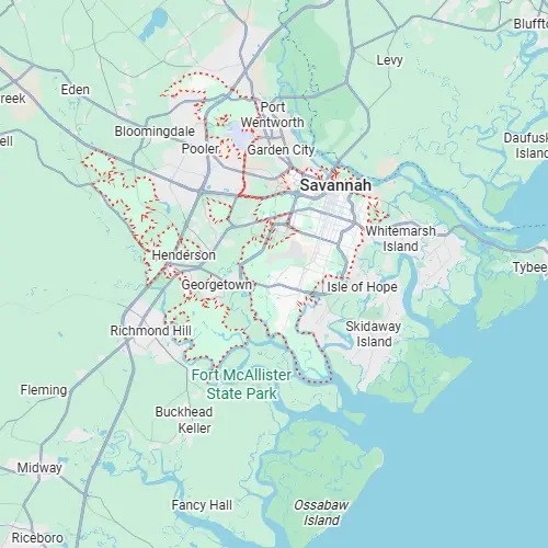 Map of Savannah, Georgia, highlighted by a red dotted boundary including surrounding municipalities like Pooler and Georgetown.