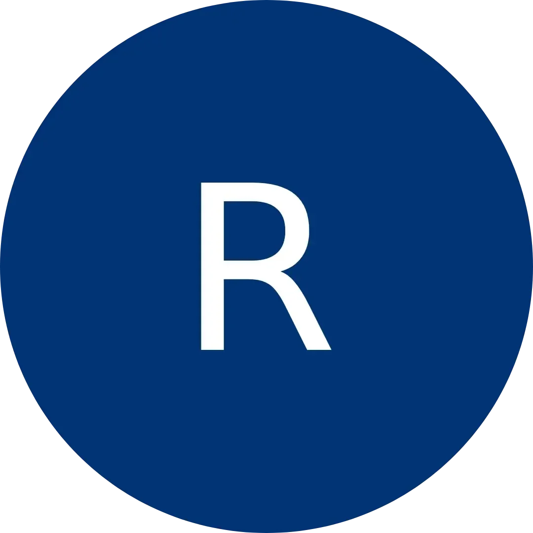 White letter R centered within a dark blue circular icon.