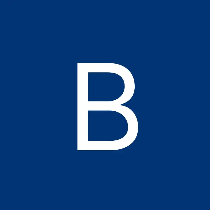 Bold white letter B on a large solid dark blue square background.